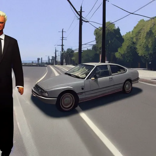 Image similar to Geert Wilders in GTA V, cover art by Stephen Bliss, artstation, no text