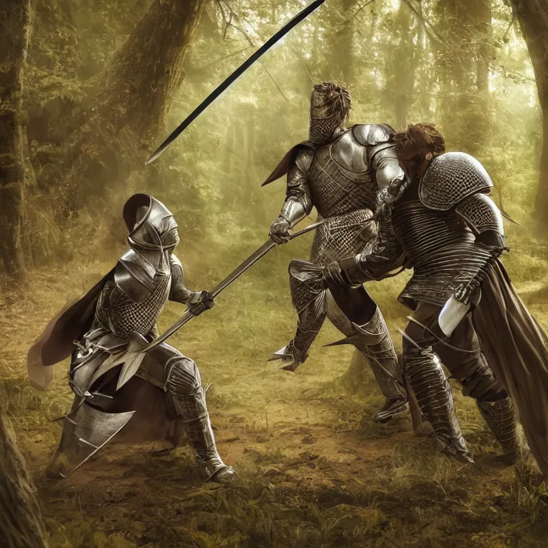 Prompt: knight fighting man with sword in forest, highly detailed, smooth, sharp focus, portrait, concept art, intricate details, fantasy poster, dark athmosphere, 8 k. lifelike. nikon d 8 5 0