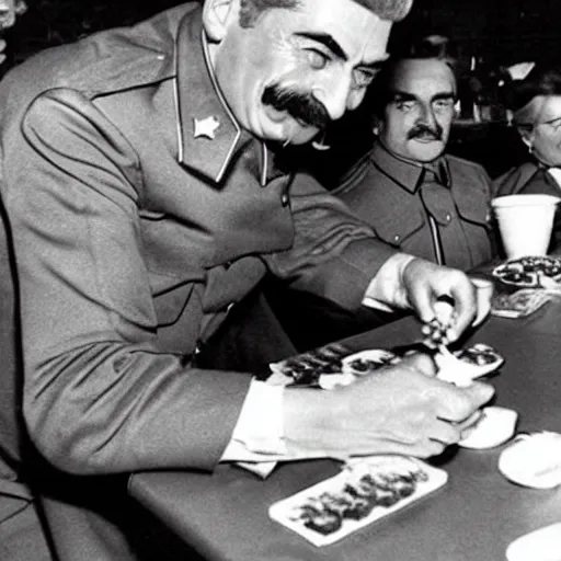 Prompt: joseph stalin enjoying a happy meal at mcdonald's