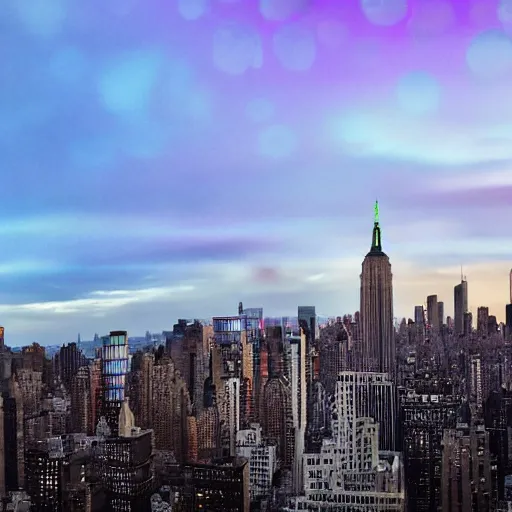 Image similar to buildings made of iridescent bubbles in the form of the new york skyline