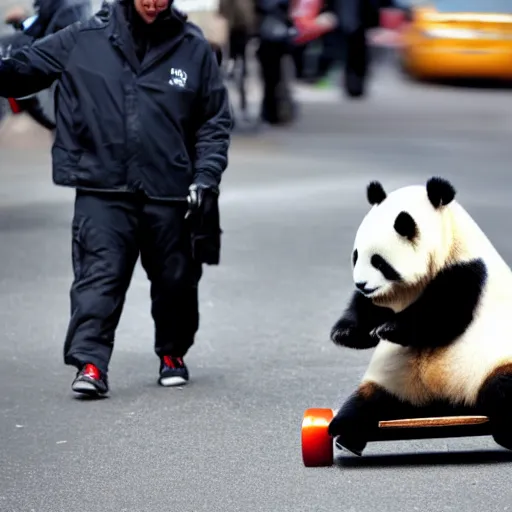 Prompt: a panda riding on skateboard in new york