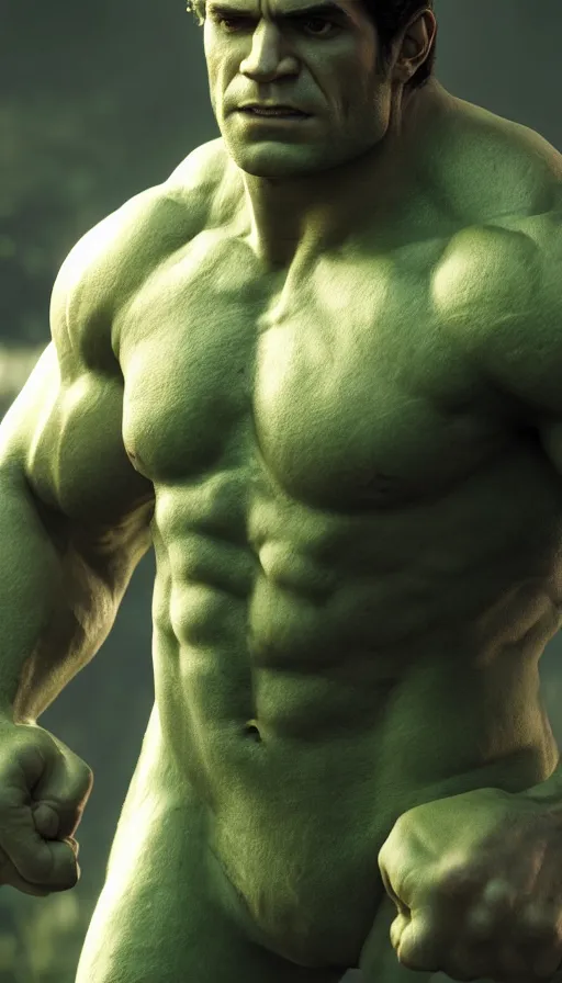 Image similar to :a portrait of HENRY CAVILL is Hulk by Valentina Remenar+UNREAL ENGINE 5+4K UHD IMAGE+Stunning LIGHTING+Stunning SHADERS+SUBSTANCE PAINTER