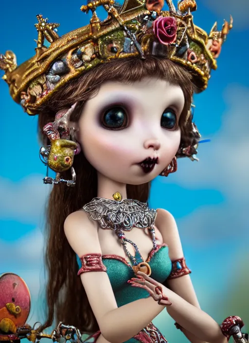 Image similar to highly detailed closeup, profile portrait of a tin toy goth fairytale princess wearing a crown, bikini, unreal engine, nicoletta ceccoli, mark ryden, earl norem, lostfish, global illumination, detailed and intricate environment