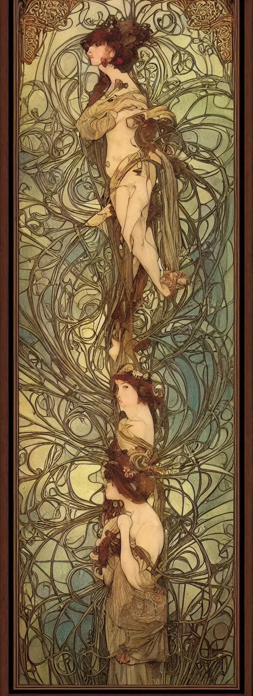 Prompt: an art nouveau wood screen picture frame by brian froud and alphonse mucha distressed wood patine painting concept cinematic lighting Gaudi