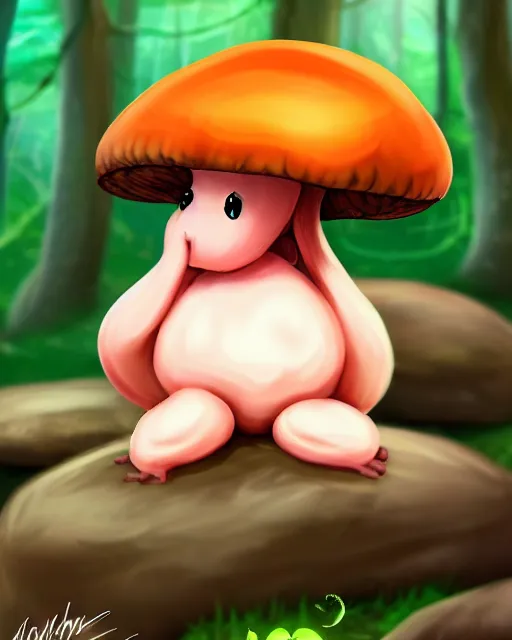 Image similar to digital illustration of a cute mushroom creature, thicc, sitting on a rock in a forest, | | epic - fine - clean, polished, trending on artstation, anime style, brush strokes