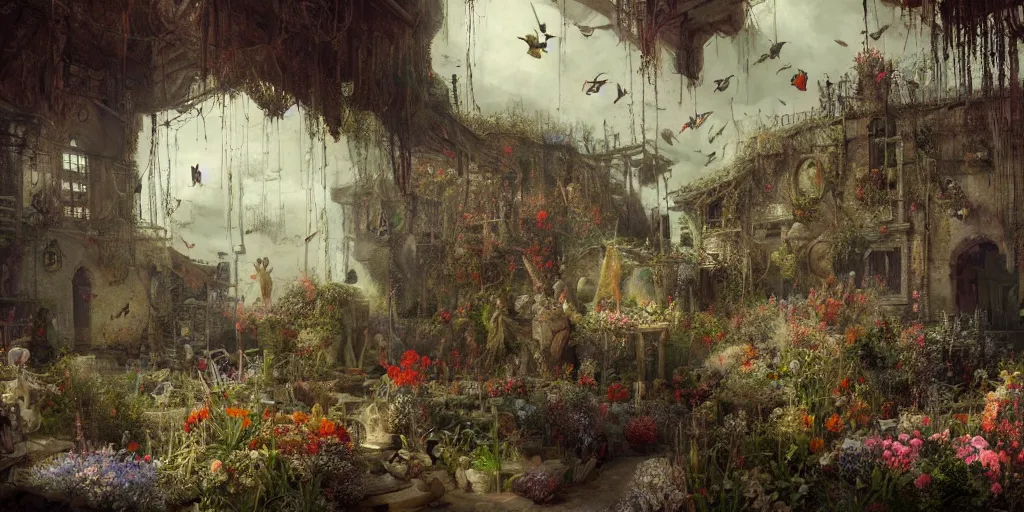 Prompt: 'Life from death' An aesthetic horror painting depicting 'A slaughterhouse with plants and flowers growing all over it, birds and insects flying all around it' by Rembrandt, Trending on cgsociety artstation, 8k, masterpiece, cinematic lighting, highly detailed, vibrant colors.