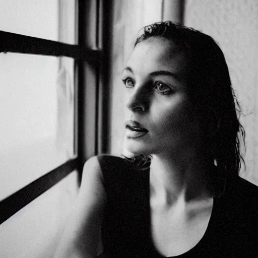 Image similar to black and white fashion photograph highly detailed portrait of a depressed beautiful 30 years old model woman standing by the window, natural light, rain, mist, lomo, fashion photography, film grain, soft vignette, sigma 85mm f/1.4 1/10 sec shutter