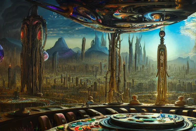 Prompt: a beautiful painting of an elaborate utopian scene painted by hr giger and bosch and lisa frank, detailed, unreal engine, 4 k octane render, raytracing, volumetric lighting, epic, shadows, reflections, massive structures