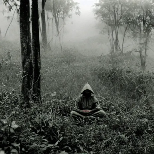 Image similar to us soldier in vietnam era clothes, meditating above the ground in a dense jungle, eyes are bright lights, mystical fog surrounds them, spooky