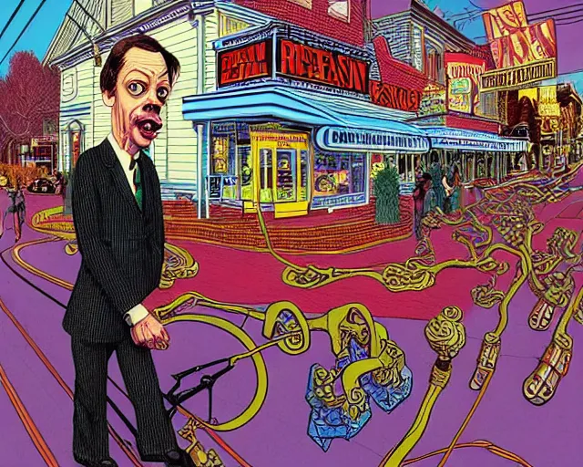 Image similar to steve buscemi tripping on main street, cosmic horror painting, elegant intricate digital painting artstation concept art by basil wolverton by robert crumb by william eggleston detailed