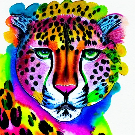 Image similar to colorful cheetah face in the style of laurel burch detailed watercolor and colored pencil painting 4 k