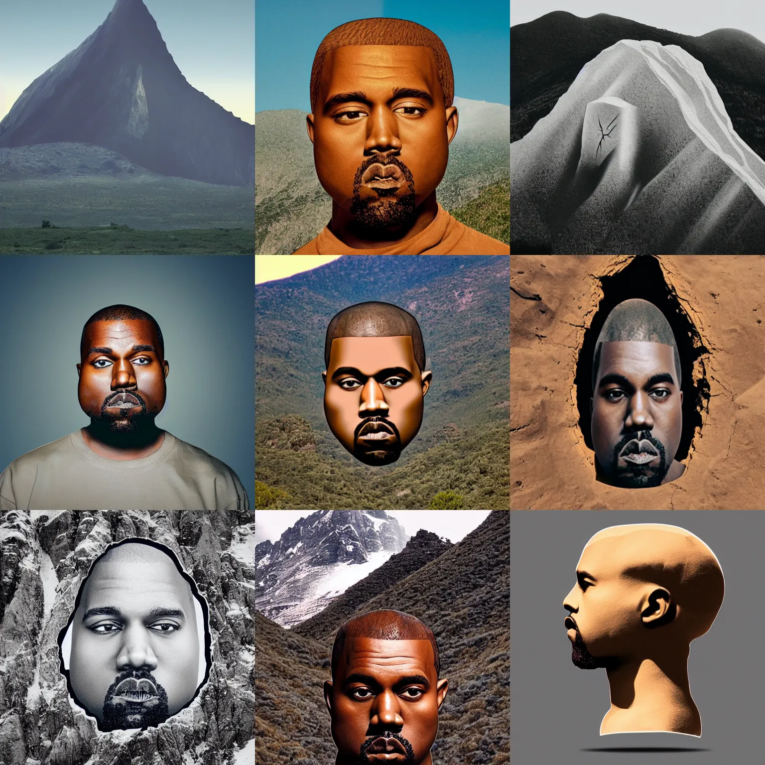 Prompt: Mountain shaped like Kanye West's head, landscape portait photograph