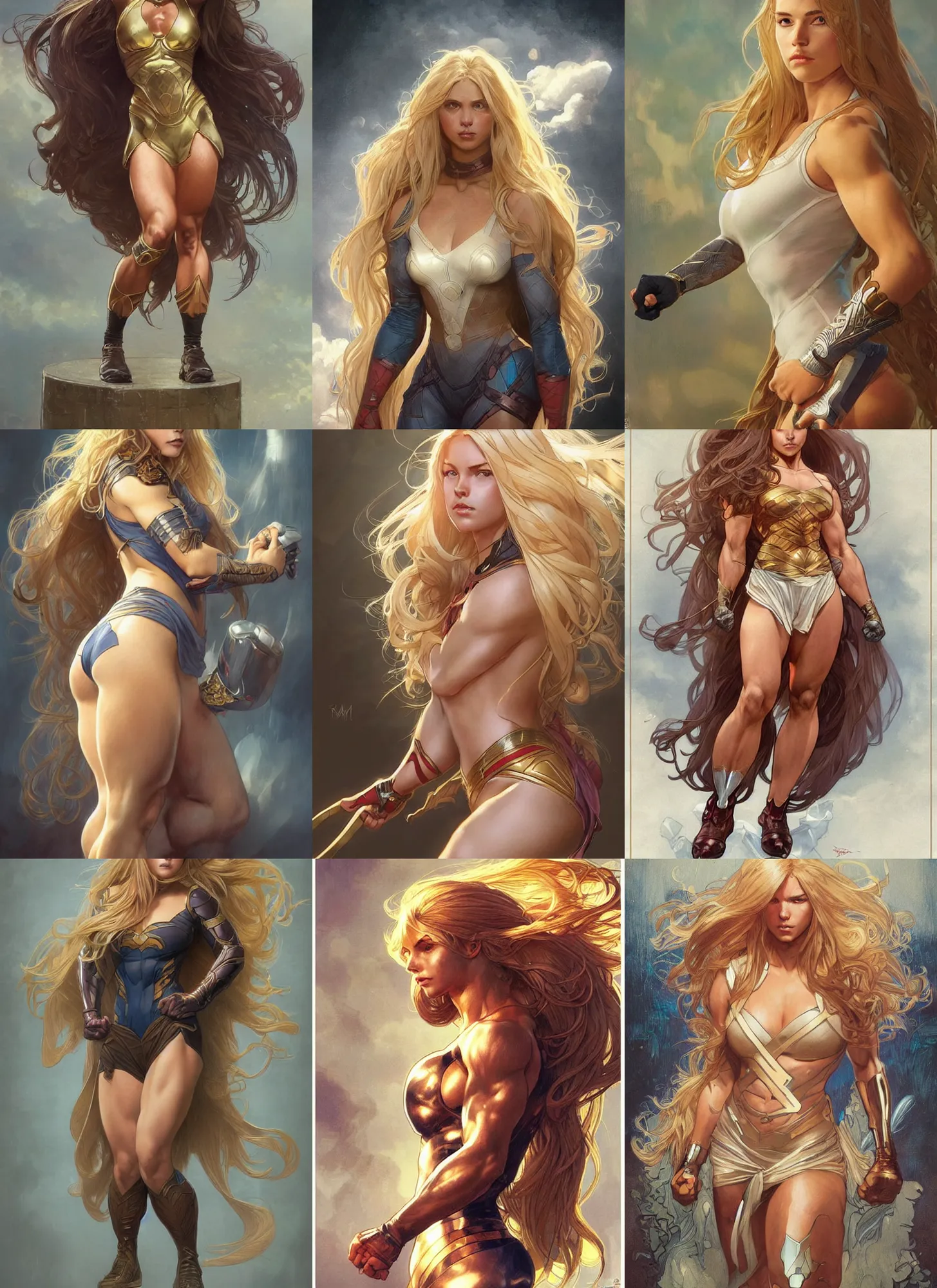 Image similar to a very muscled and young superhero girl with a focused face and extremely long blonde wavy hair, intricate detailed face, artgerm, greg rutkowski, alphonse mucha