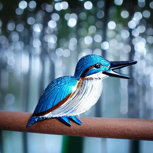 Prompt: a real life kingfisher made out of reflective crystal and very reflective polished metal, in the background is a forest, product photography