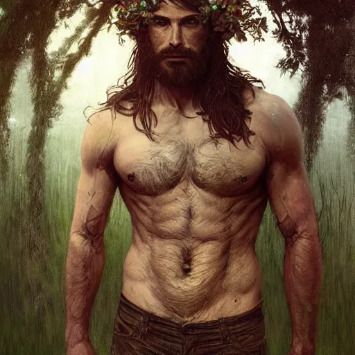 Image similar to portrait of the god of the meadow, 30 years old, meadow, flower crown, rugged, male, gorgeous, detailed face, amazing, hairy torso, muscular, intricate, highly detailed, digital painting, artstation, concept art, sharp focus, illustration, art by greg rutkowski and alphonse mucha