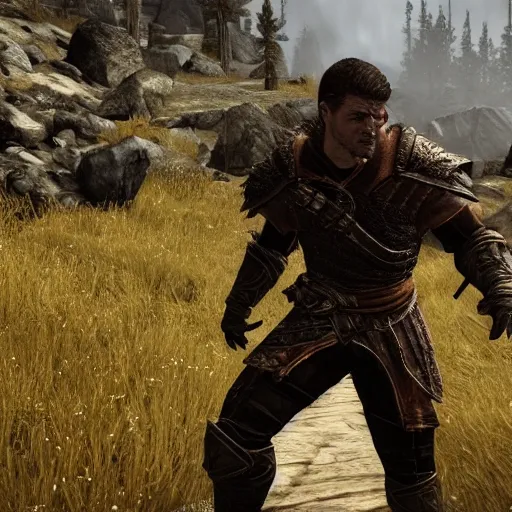 Image similar to character screenshot of michael bisping, npc talking, skyrim, wilderness, 1 0 8 0 p, bokeh, elder scrolls v, detailed, dialog text, eyepatch