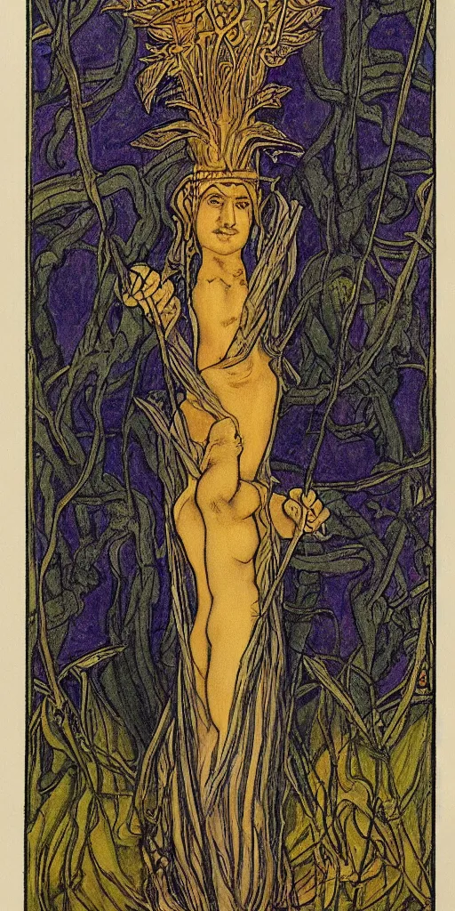 Prompt: the queen of wands tarot card by austin osman spare