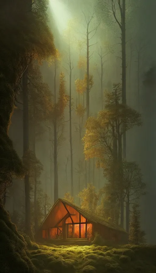 Prompt: cozy home in the woods moody lighting, soft light, dynamic lighting, complimentary colours, realistic, highly detailed, by kim jung giu zdzisław beksinski and greg rutkowskiweta studio, and lucasfilm, colours