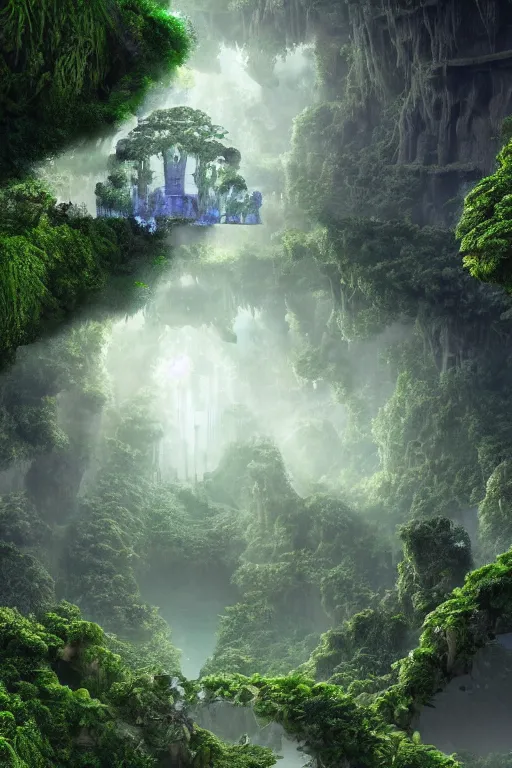 Prompt: ancient fractal temple deep in the future - megastructure in the hanging gardens of a radiant forest jungle, overgrown garden, scanned earth terrain fractal bridges, highly detailed erosion algorithm landscape, by albert bierdstat, by glenn small, high resolution, 8 k photorealism, populated by luminous beings, god rays in volumes of fog, looking up perspective