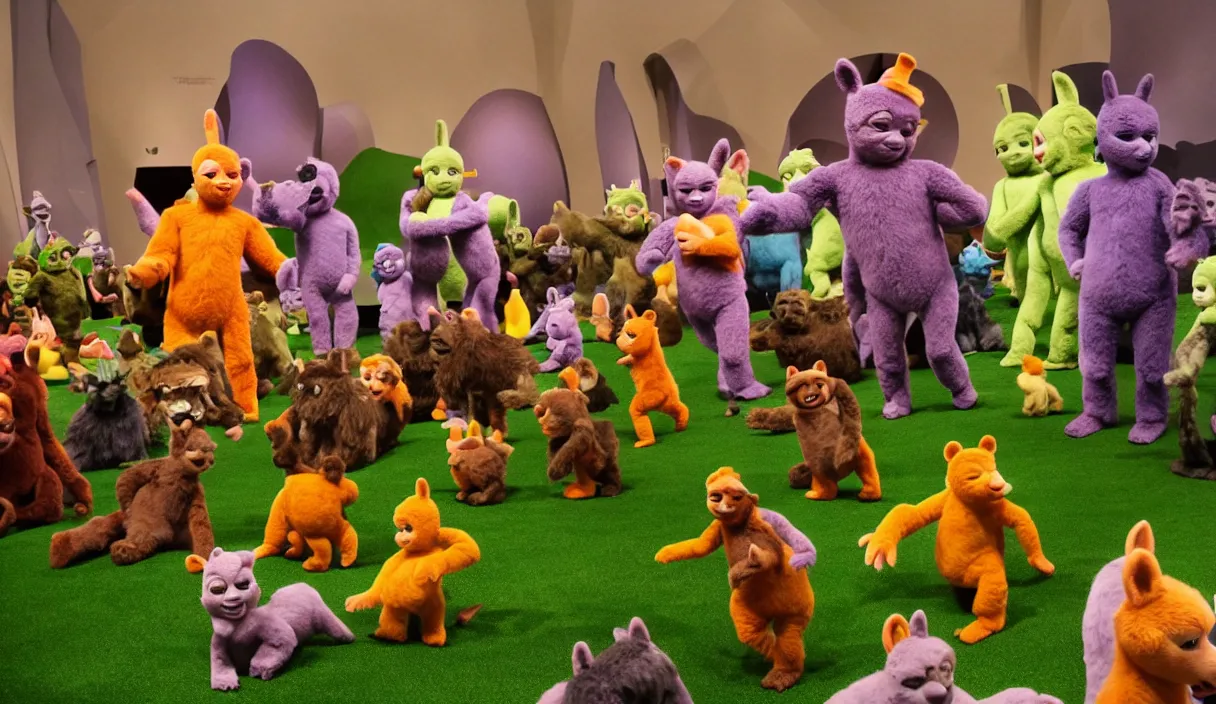 Prompt: diorama at the american museum of natural history, new york, of teletubbies as furry animals