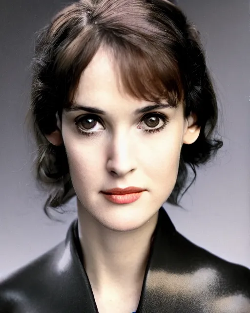 Image similar to young winona ryder wearing a futuristic metal kimono, half body portrait, greg kutkowski, sharp details, soft lighting, subsurface scattering, pearls of sweat, glistening skin, warm lighting