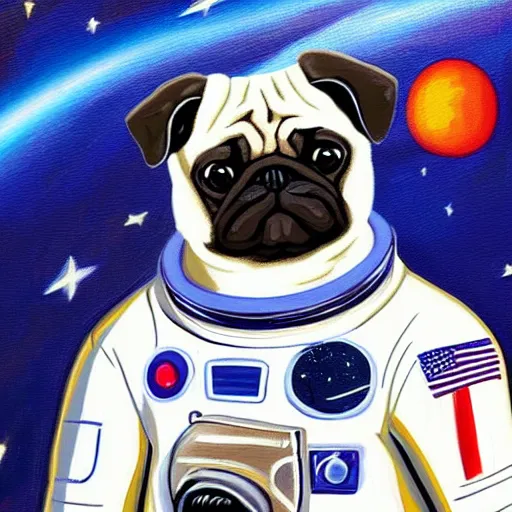 Image similar to pixel art, oil canvas, highly detailed, astronaut pug in space.