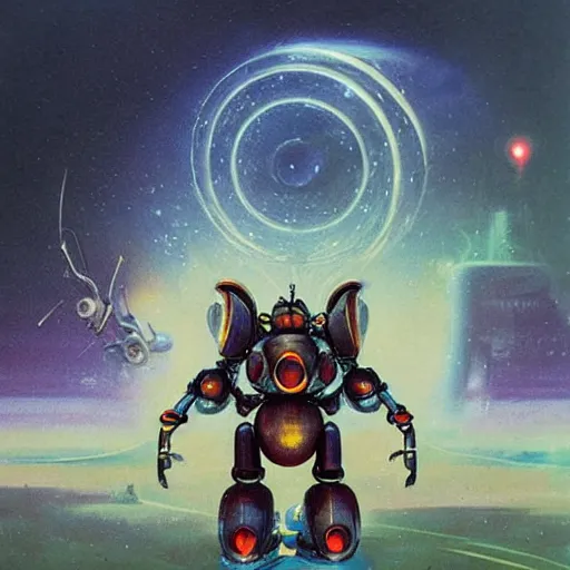 Prompt: a large anthropomorphic bee shaped mecha by paul lehr and moebius