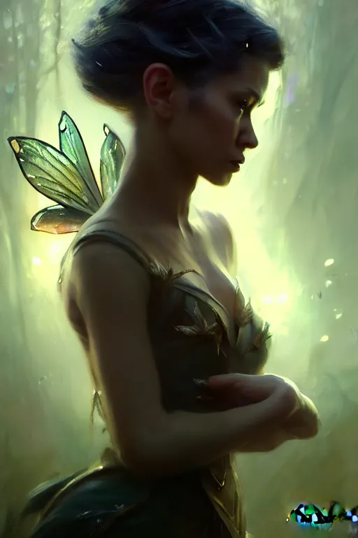 Image similar to cinematic shot of an epic portrait of a fairy dressed in military clothes, shiny skin, beautiful eyes, beautiful, small details, night setting, realistic poster with volumetric light from craig mallism, artgerm, jeremy lipkin and michael garmash, unreal engine, radiant light, detailed and complex environment, digital art, trends at art station, a masterpiece