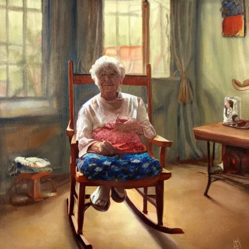 Image similar to painting in the zandinsky style of a grandmother sitting in a rocking chair, surrounded by her grandchildren, while she tells them a story, hiperrealism, artstation