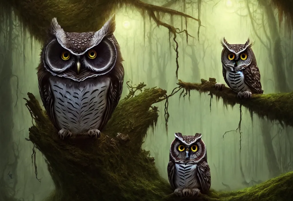 Prompt: mystic owl in haunted swamp, highly detailed, d & d, fantasy, highly detailed, digital painting, trending on artstation, concept art, sharp focus, illustration, global illumination, ray tracing, realistic shaded, art by artgerm and greg rutkowski and fuji choko and viktoria gavrilenko and hoang lap
