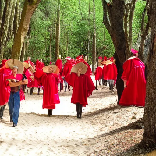 Image similar to A group of Spanish inquisitors holding lanterns on a sandy beach Cove in middle of a magical forest