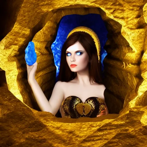 Image similar to seductive divine goddess with bright blue eyes and golden robe in a dark cave, photo 3 d,