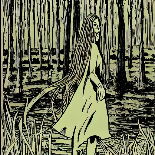 Image similar to tall slender woman with long grey hair in a black dress walking out of a swamp, by ec comics,