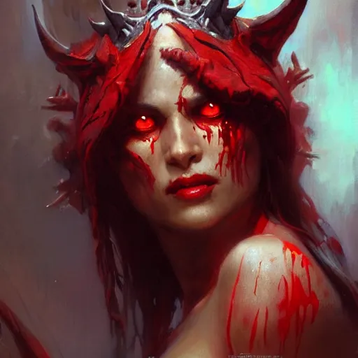 Image similar to very attractive demon queen with red eyes painting by gaston bussiere, craig mullins, luis rollo, torso portrait, digital painting, highly detailed, artstation, sharp focus, illustration, concept art, hd