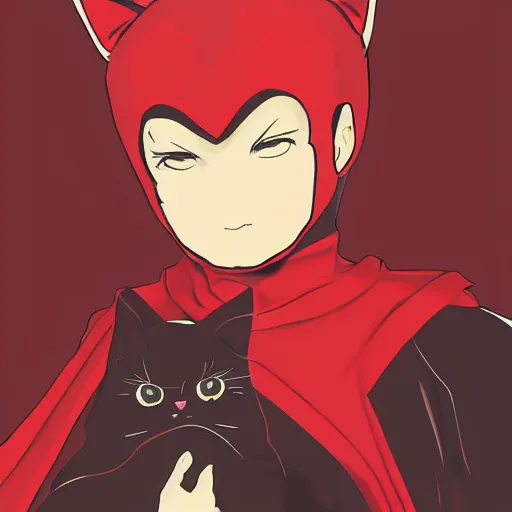 Prompt: little boy with cat ears in an black latex suit with red cape. digital artwork made by lois van baarle and kentaro miura, sharpness focus, anatomically correct, heroic composition, hero pose