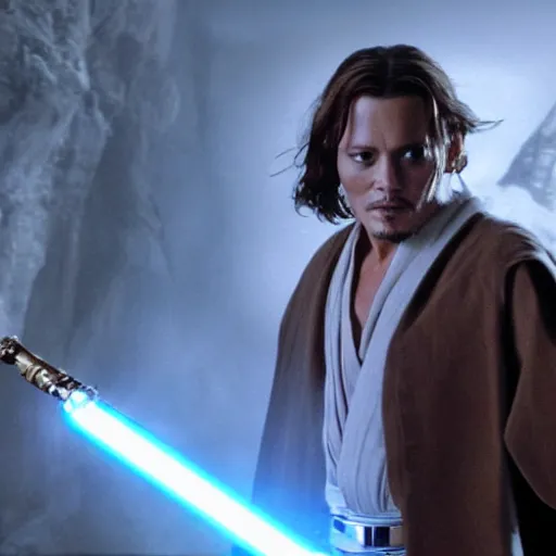 Image similar to awe inspiring Johnny Depp as a Jedi Master wielding a golden lightsaber Star Wars movie still 8k hdr amazing lighting