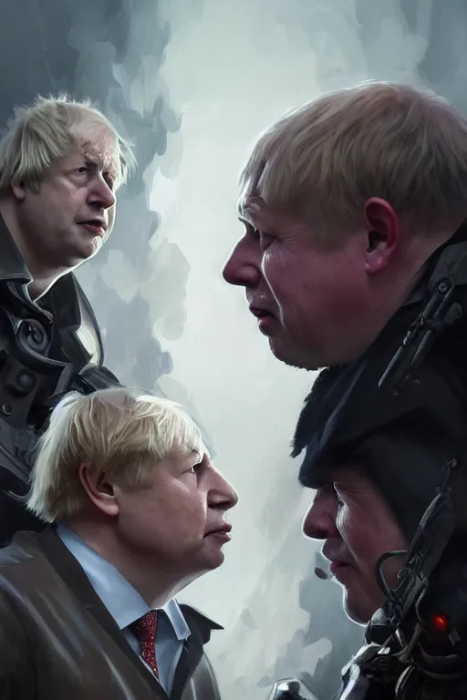 Image similar to aggressive Boris Johnson vs scared Putin, face to face, civil war style, highly detailed, digital painting, artstation, concept art, smooth, sharp focus, illustration, cinematic lighting, art by artgerm and greg rutkowski and alphonse mucha