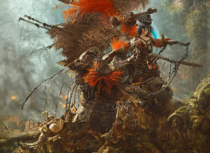 Image similar to ashigaru steampunk - inspired feathered mic, colorful plumage, lacquered armor, cute but determined, hard focus, art station, by jessica rossier and brian froud, cinematic fantasy painting, orange grey white, in a woodland glade