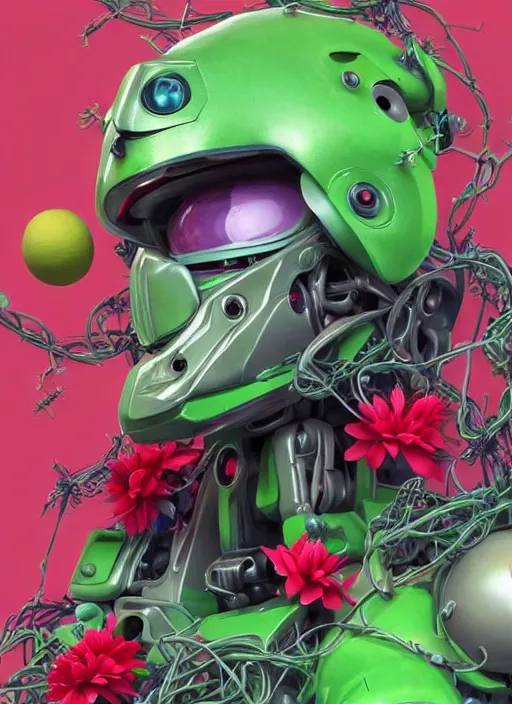 Prompt: colourful - 3 d vfx art - portrait of a mecha robot wearing a baseball cap with vines & flowers growing from inside, art style by tenmyouya hisashi, concept art, unreal engine render, digital illustration, claymation, sharp, intricate detail, volumetric light, ray tracing, soft light, symmetric, pinterest, artstation, behance,