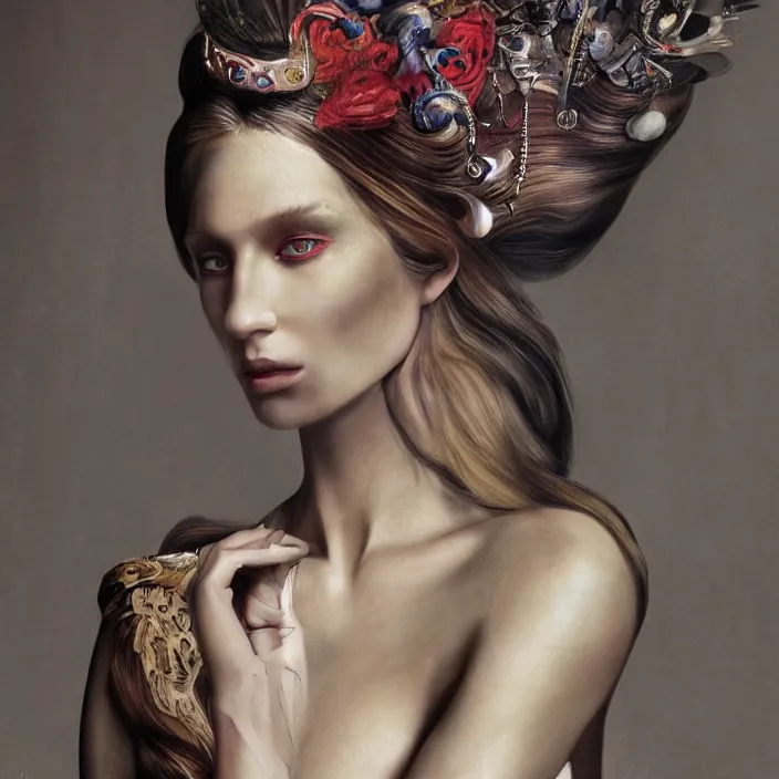 Prompt: gorgeous gucci goddess, future fashion, stylish deity, model, volumetric, concept art, gucci, digital painting, beautiful, slick, hd, 1 3 5 mm, by annie leibovitz, by giger