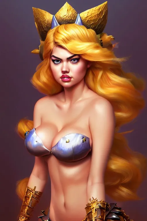 Prompt: kate upton as bowsette, fantasy, intricate, highly detailed, digital painting, artstation, concept art, smooth, sharp focus, illustration, art by artgerm & JeeHyung lee & WLOP