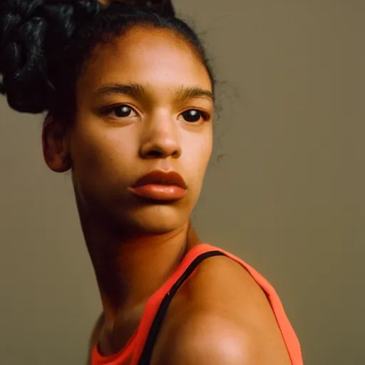 Image similar to realistic photoshoot for a new nike lookbook, color film photography, portrait of a beautiful woman in style of tyler Mitchell, 35mm, graflex