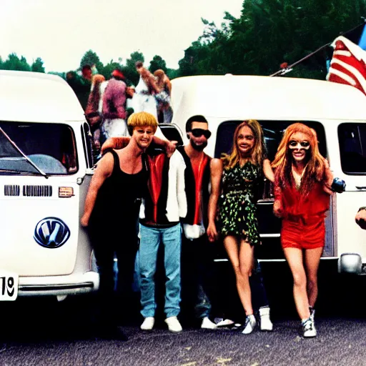 Image similar to backstreet boys and spice girls playing concert together, woodstock 1 9 6 0, old times, hippies, vintage, botanical details, vans, volkswagen