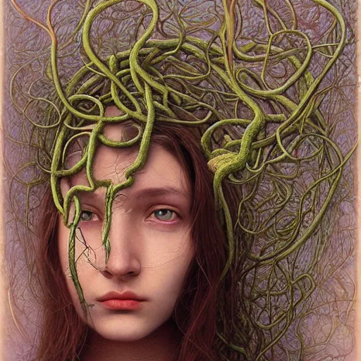 Prompt: very detailed portrait of a 2 0 years old girl surrounded by tentacles, the youg woman visage is blooming from fractal and vines, painted by esao andrews and karol bak and zdzislaw beksinski and zdzisław beksinski