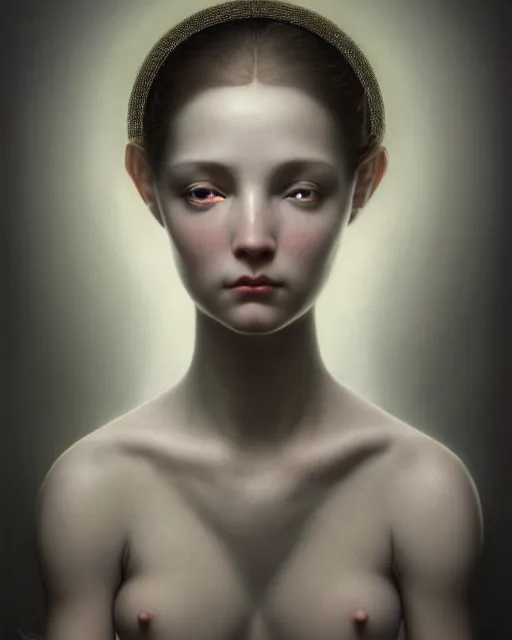 Image similar to dreamy, monochrome, subsurface scattering, white, young beautiful goddess in cosmos, octane render, dino valls, mark ryden, joe fenton, highly detailed, rim light, art, cinematic lighting, very coherent, hyper realism, 8 k