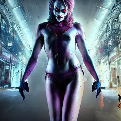 Prompt: full body pose, hyperrealistic photograph of female joker, dim volumetric lighting, 8 k, octane beautifully detailed render, extremely hyper detailed, intricate, epic composition, cinematic lighting, masterpiece, trending on artstation, very very detailed, stunning, hdr, smooth, sharp focus, high resolution, award, winning photo, dslr, 5 0 mm