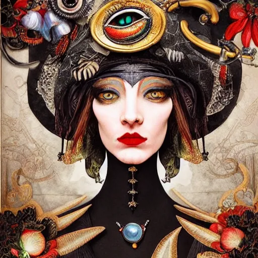 Image similar to Detailed maximalist stunning portrait of gorgeous dark elf with beautiful piercing eyes dressed in a jester’s hat with a monocle, HD mixed media, 3D collage, highly detailed and intricate, masterpiece, award-winning, surreal illustration in the style of Caravaggio, dark art, baroque