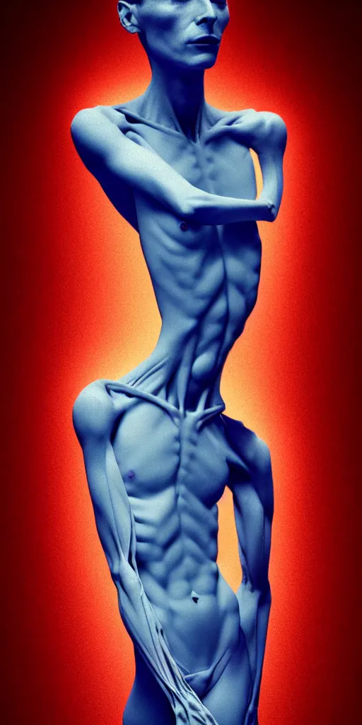 Image similar to poster design, full body anatomical model, 3 d photographic render of a deconstructed asymmetric human anatomical correct human body, in hoc signo vinces, waterfall, in the style of leonora carrington, gottfried helnwein, intricate composition, blue light by caravaggio, insanely quality, highly detailed, masterpiece, red light, artstation