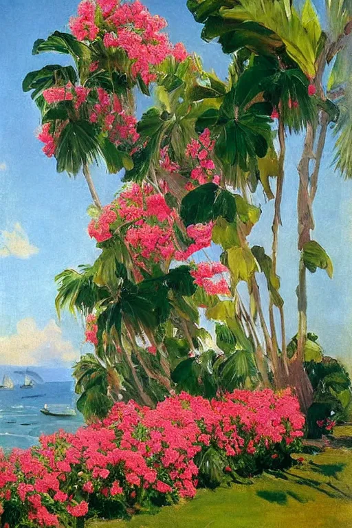 Prompt: sun in the sky blazing, beach, bunch of roses on the sea surface, bougainvillea palms, painting by john singer sargent