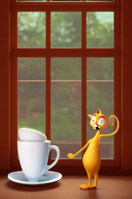 Prompt: portrait of single cat holding a white teacup inside the house and window in background, full body. pixar disney 4 k 3 d render funny animation movie oscar winning trending on artstation and behance, ratatouille style